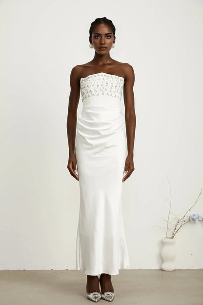 White Strapless Satin Maxi Dress with Embellished Bodice Aurore White Crystal Embellished Maxi Dress Evening Dress by YiHuiw