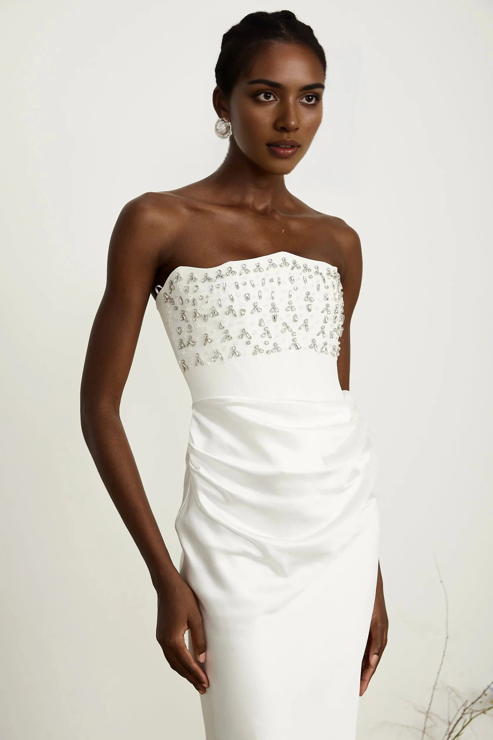 White Strapless Satin Maxi Dress with Embellished Bodice Aurore White Crystal Embellished Maxi Dress Evening Dress by YiHuiw