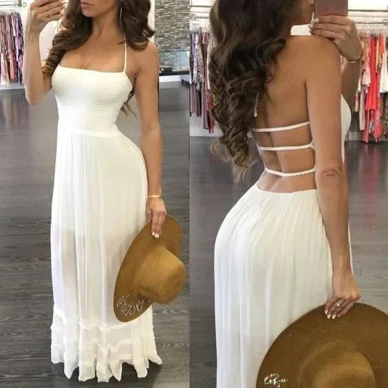 White Strappy Back Maxi Dress with Open Back Shirring Bandage Open Back Pleated Halter Maxi prom Dress Party Dresses by YiHuiw