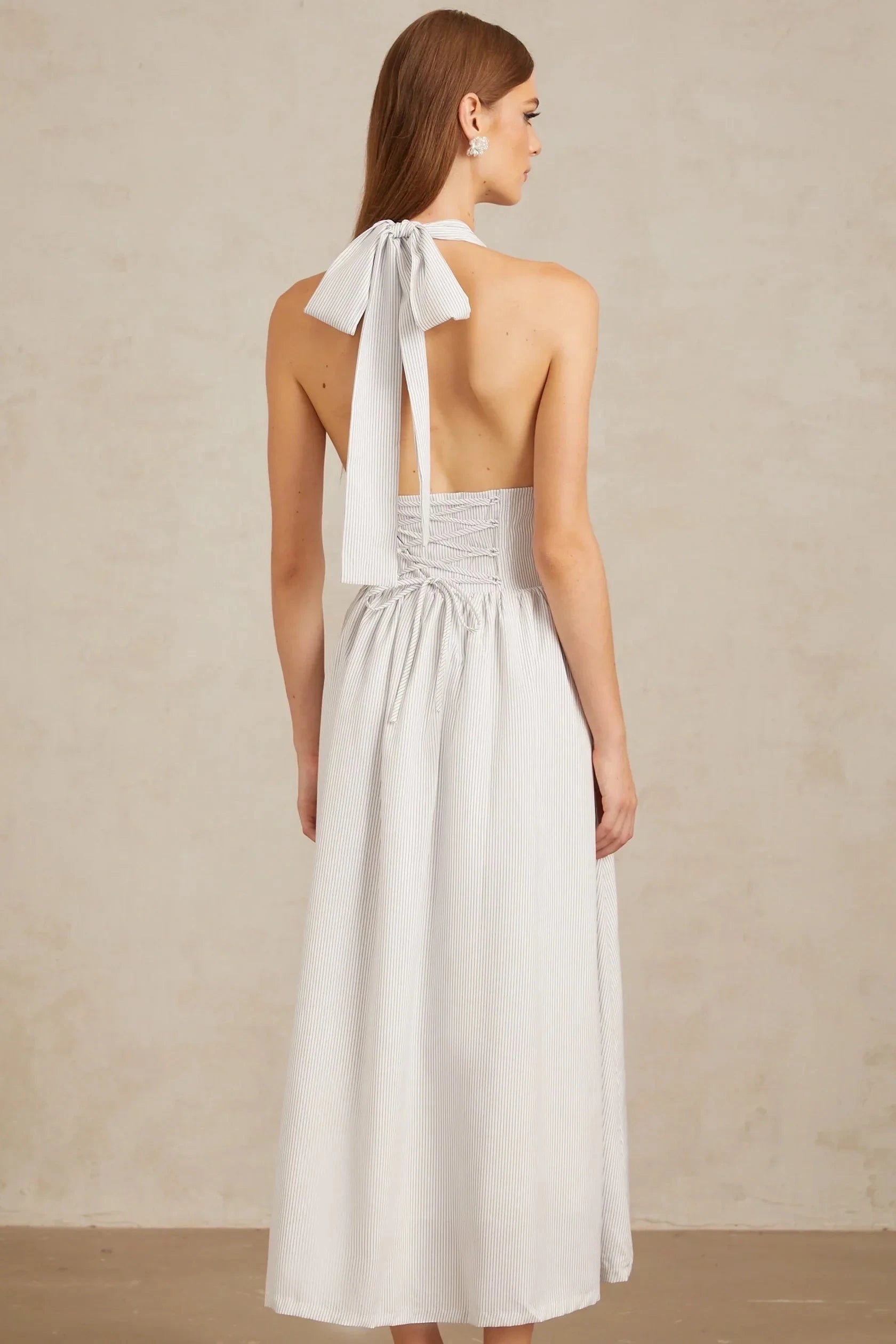 White Striped Halter Neck Bow Midi Dress White Stripe Pattern Halterneck Midi Dress Evening Dress by YiHuiw