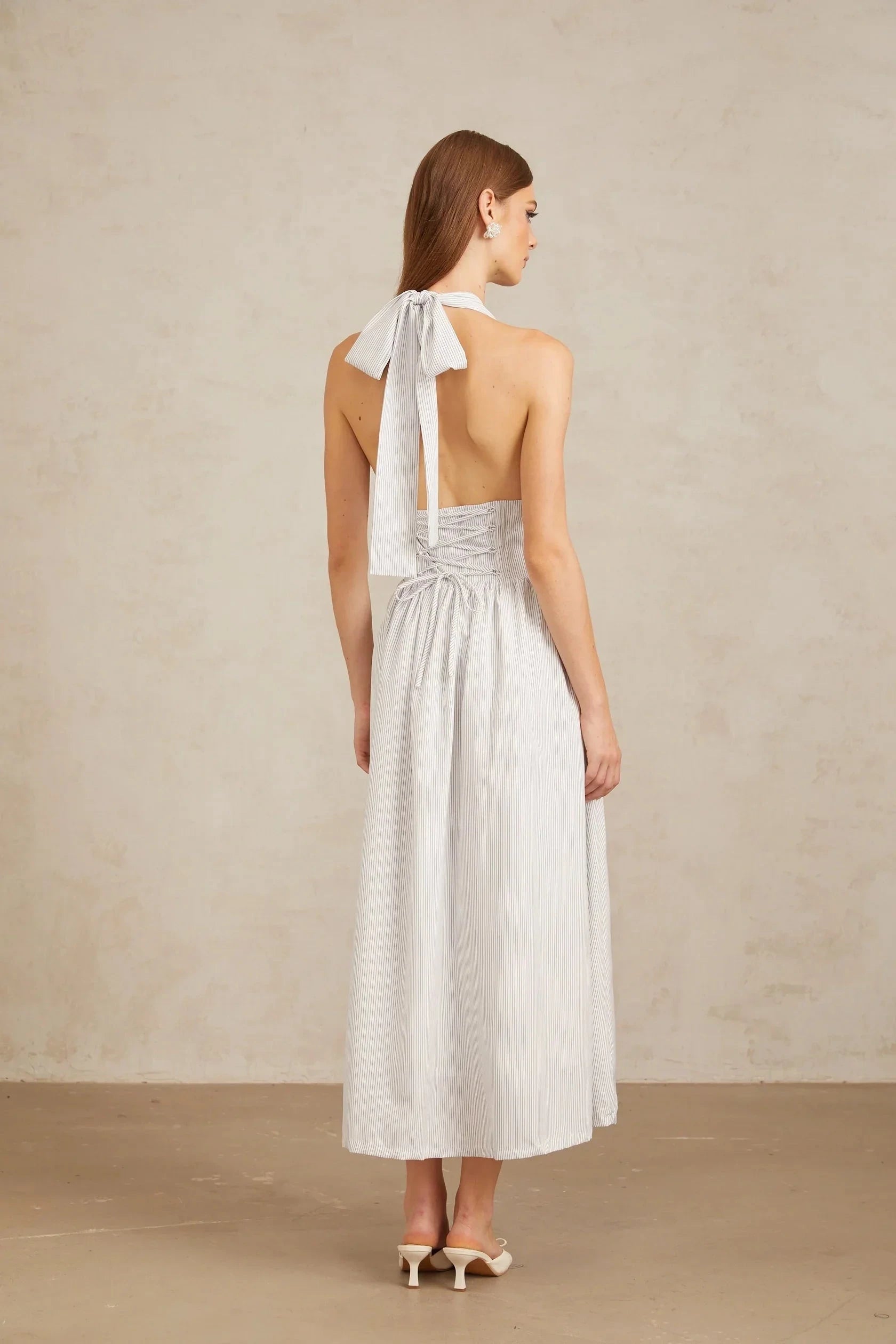 White Striped Halter Neck Bow Midi Dress White Stripe Pattern Halterneck Midi Dress Evening Dress by YiHuiw