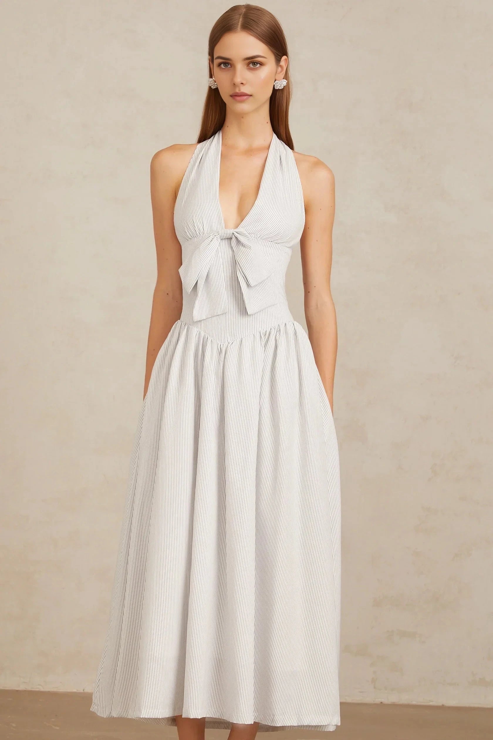 White Striped Halter Neck Bow Midi Dress White Stripe Pattern Halterneck Midi Dress Evening Dress by YiHuiw