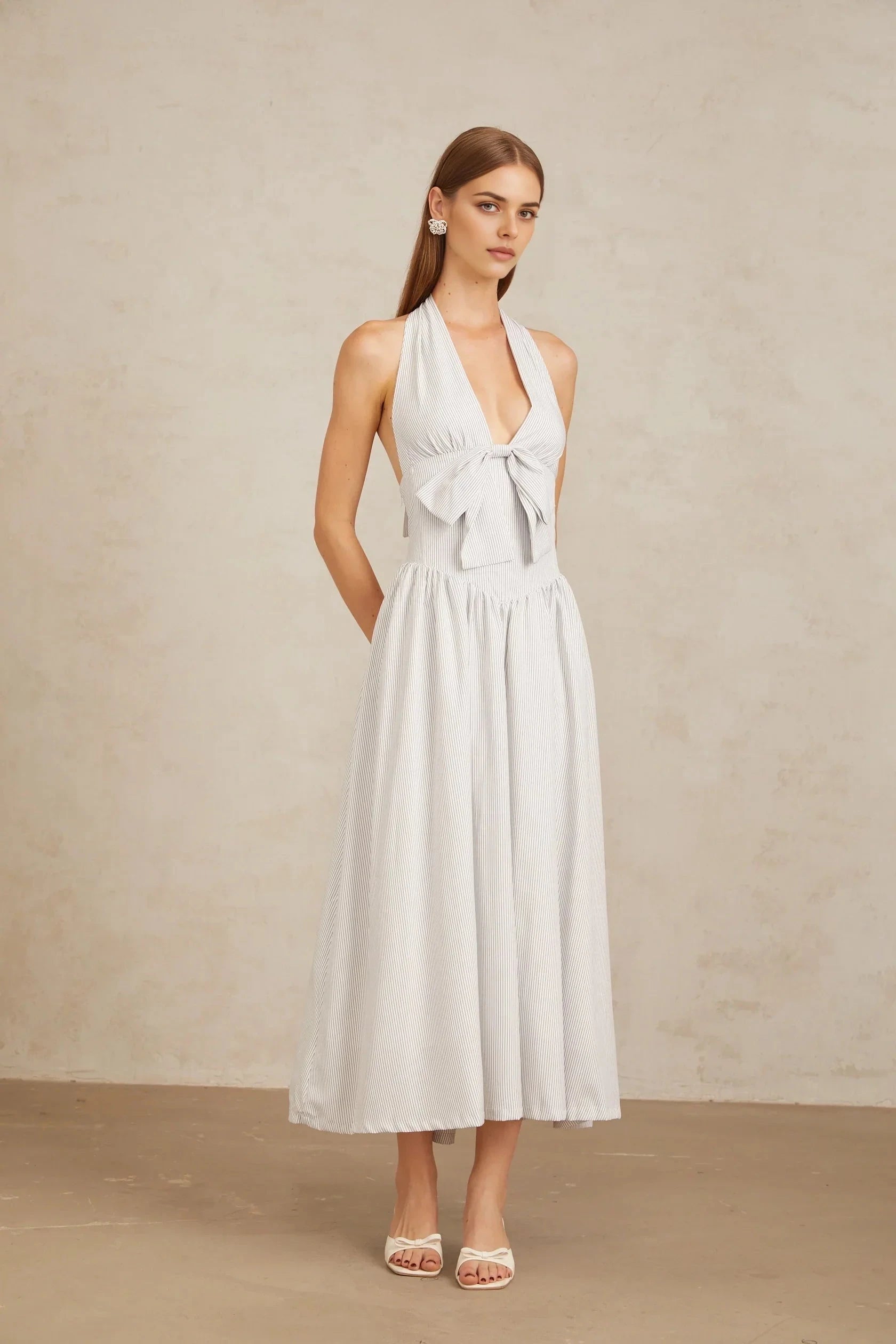 White Striped Halter Neck Bow Midi Dress White Stripe Pattern Halterneck Midi Dress Evening Dress by YiHuiw