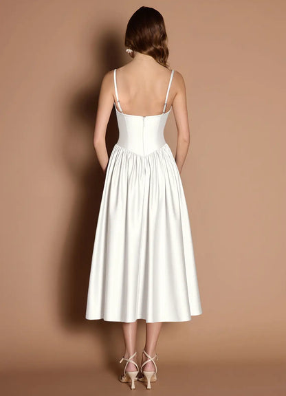 White Sweetheart Satin Lace-Up Back Midi Wedding Dress - Yihuiw by Yihuiw