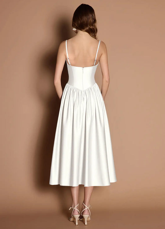 White Sweetheart Satin Lace-Up Back Midi Wedding Dress - Yihuiw by Yihuiw