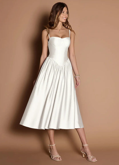 White Sweetheart Satin Lace-Up Back Midi Wedding Dress - Yihuiw by Yihuiw