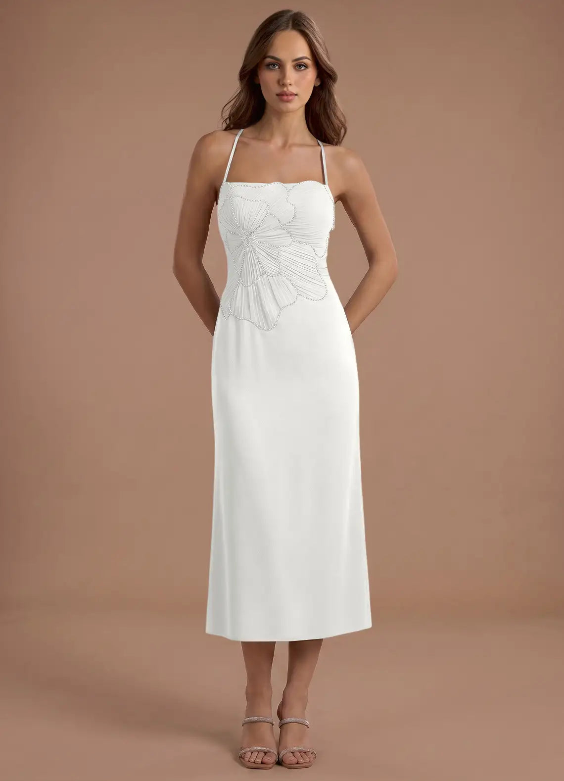 White Beaded Midi Wedding Dress - Yihuiw by Yihuiw