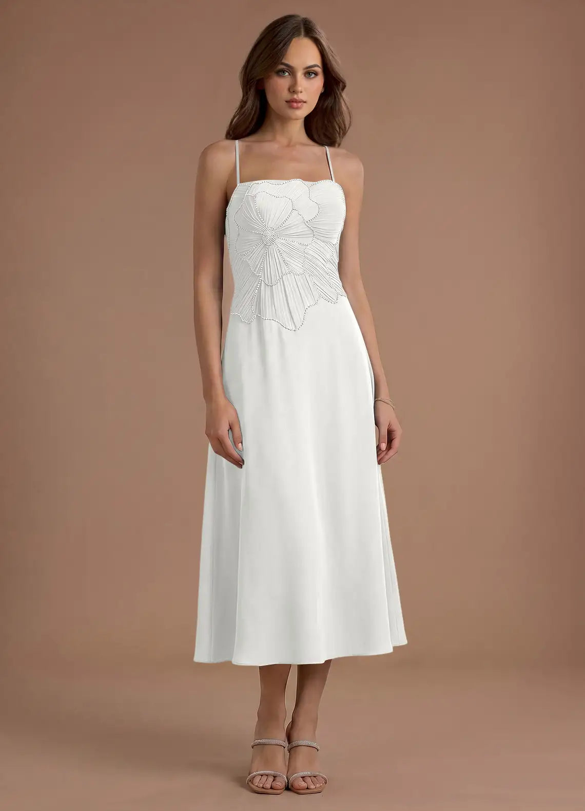 White Beaded Midi Wedding Dress - Yihuiw by Yihuiw