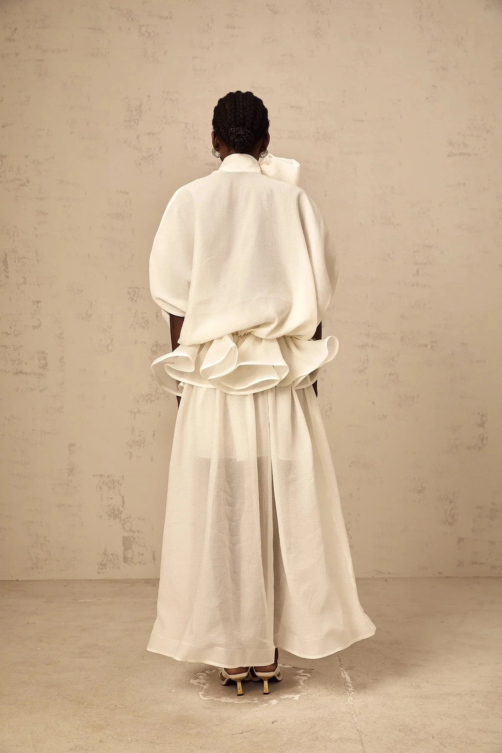 White Tie Neck Ruffled Sheer Maxi Dress white tie-neck ruffled maxi dress Evening Dress by YiHuiw