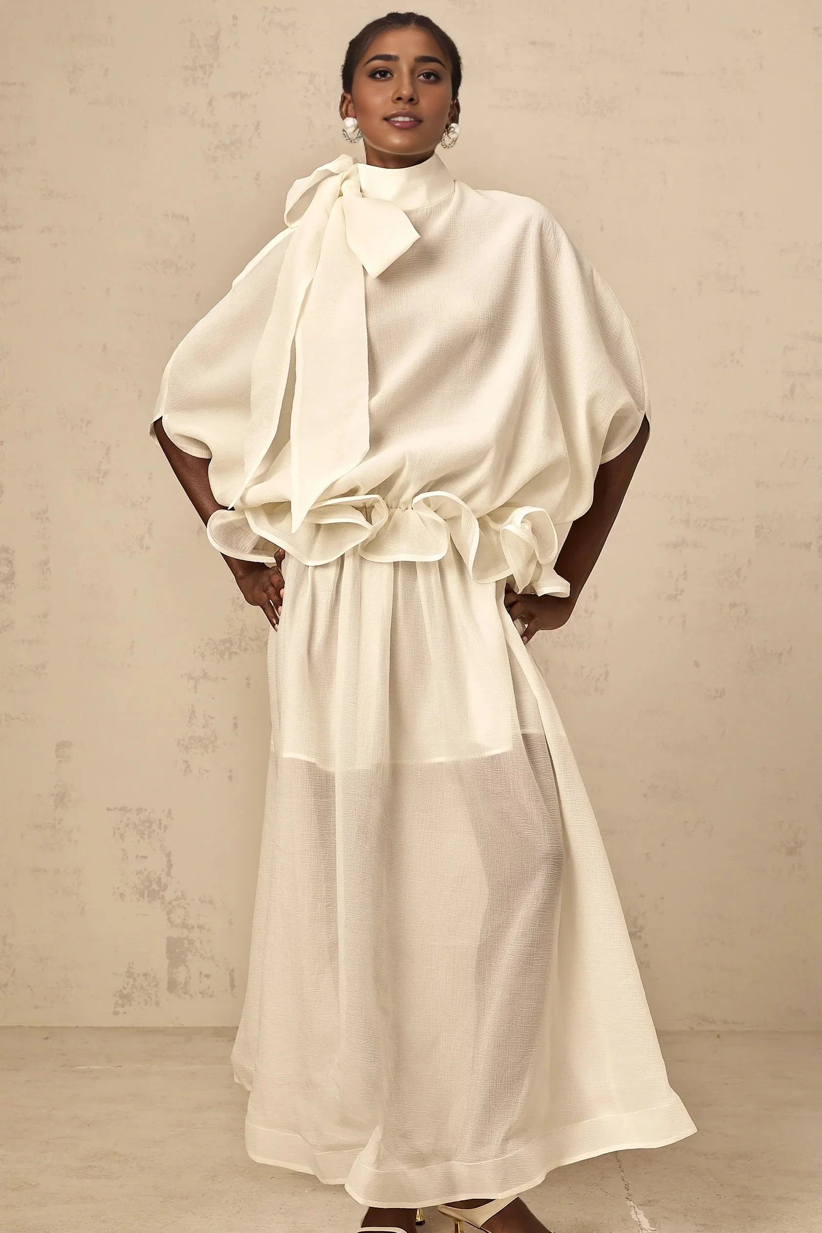 White Tie Neck Ruffled Sheer Maxi Dress white tie-neck ruffled maxi dress Evening Dress by YiHuiw