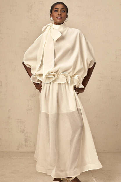 White Tie Neck Ruffled Sheer Maxi Dress white tie-neck ruffled maxi dress Evening Dress by YiHuiw