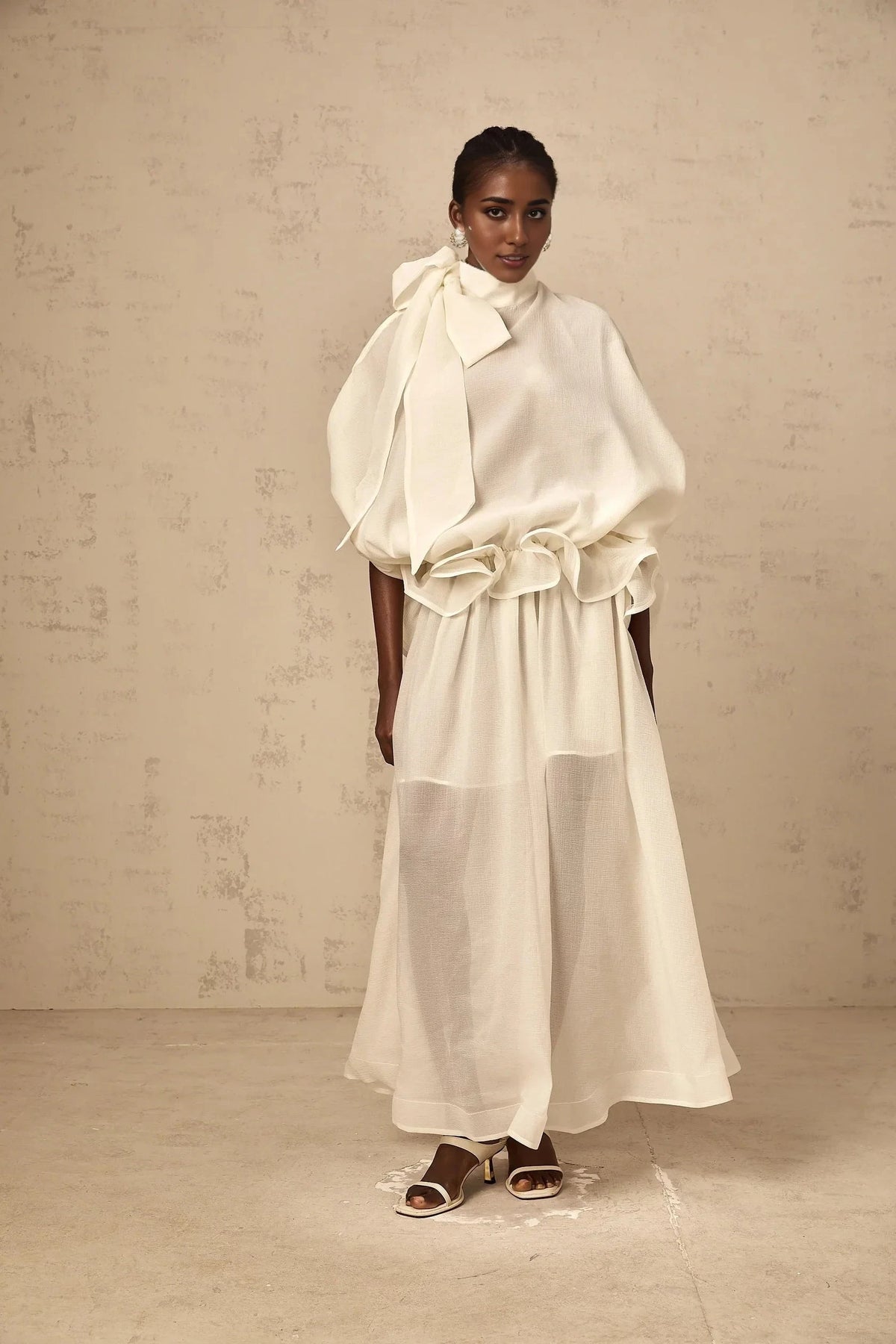 White Tie Neck Ruffled Sheer Maxi Dress white tie-neck ruffled maxi dress Evening Dress by YiHuiw