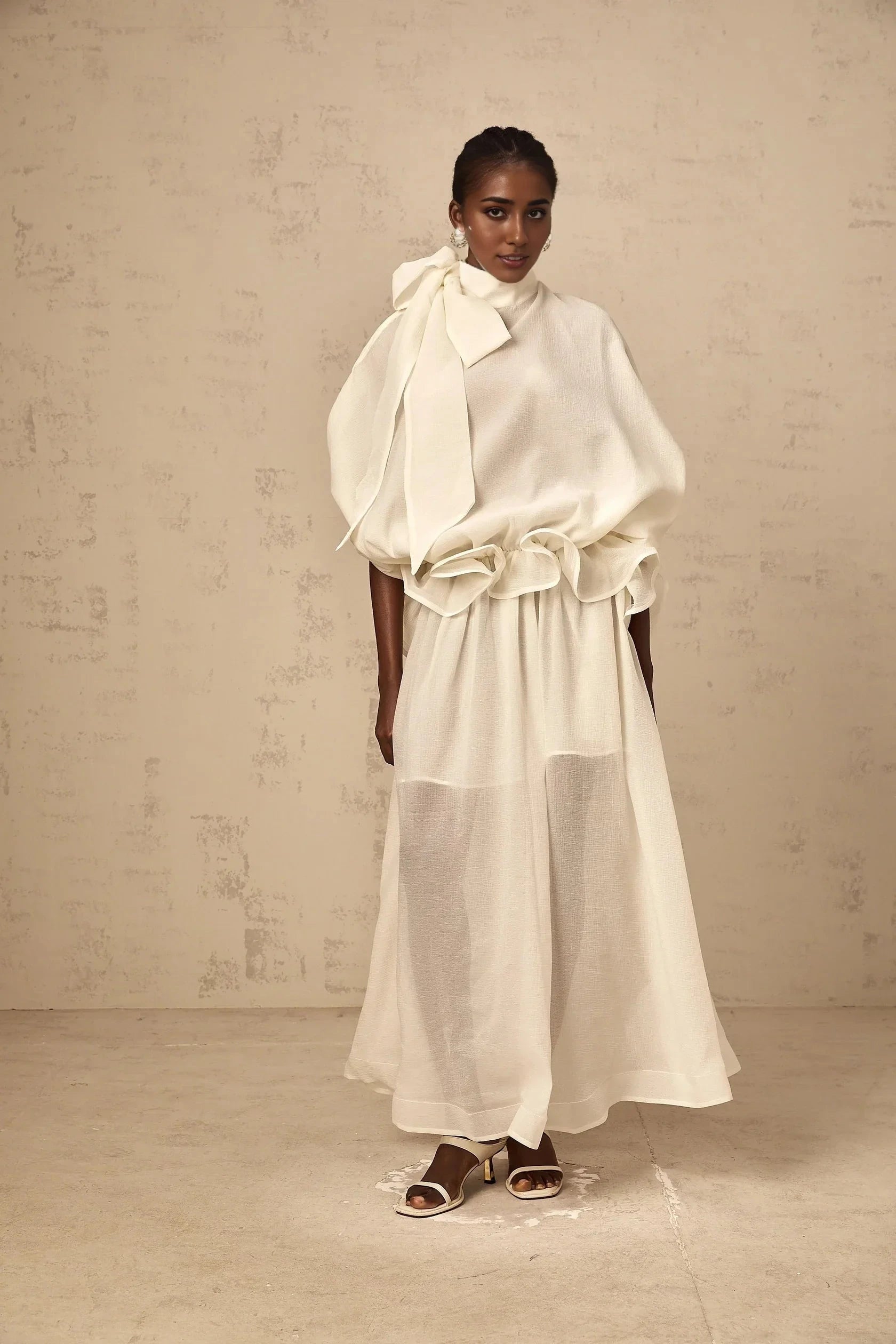 White Tie Neck Ruffled Sheer Maxi Dress white tie-neck ruffled maxi dress Evening Dress by YiHuiw