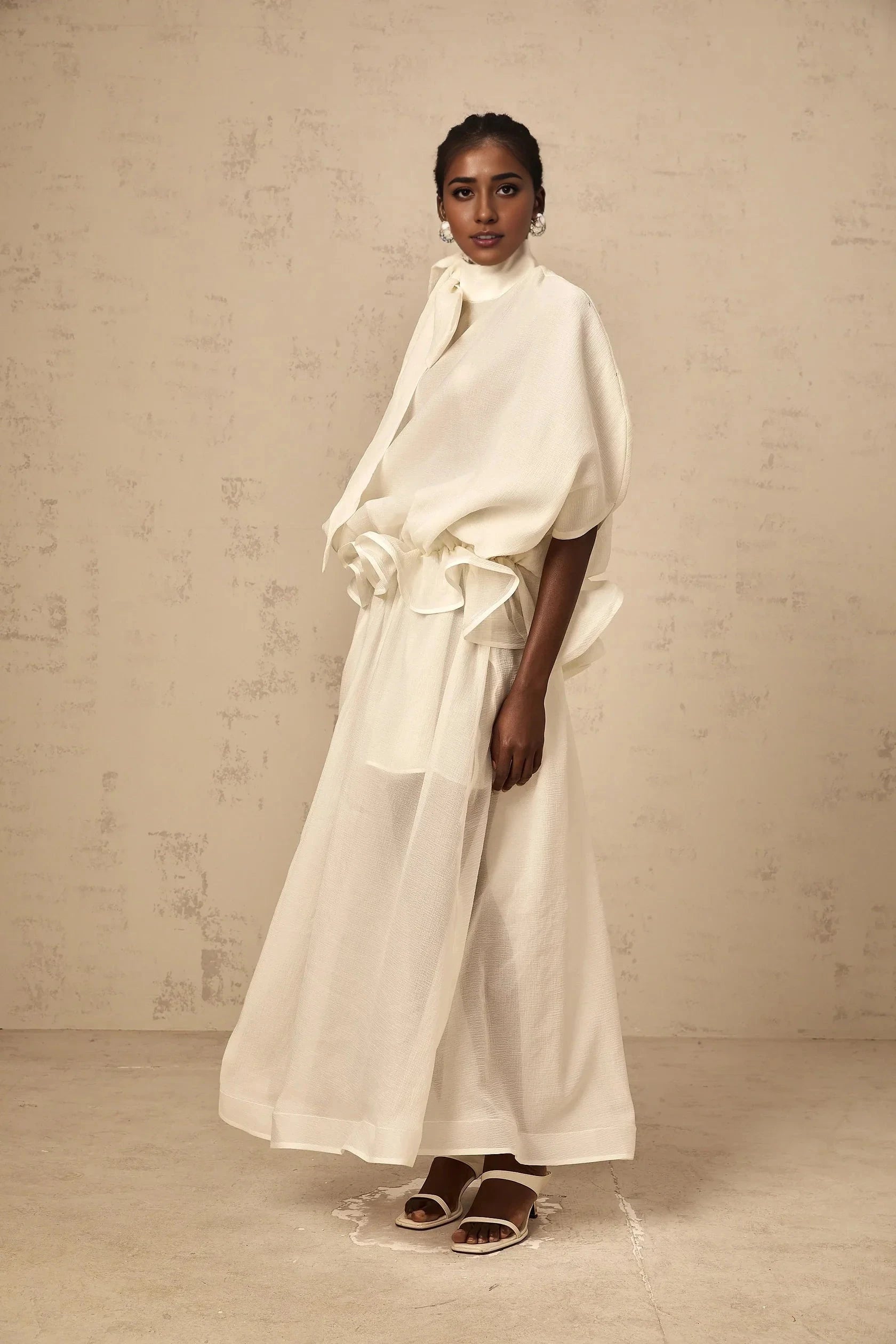 White Tie Neck Ruffled Sheer Maxi Dress white tie-neck ruffled maxi dress Evening Dress by YiHuiw