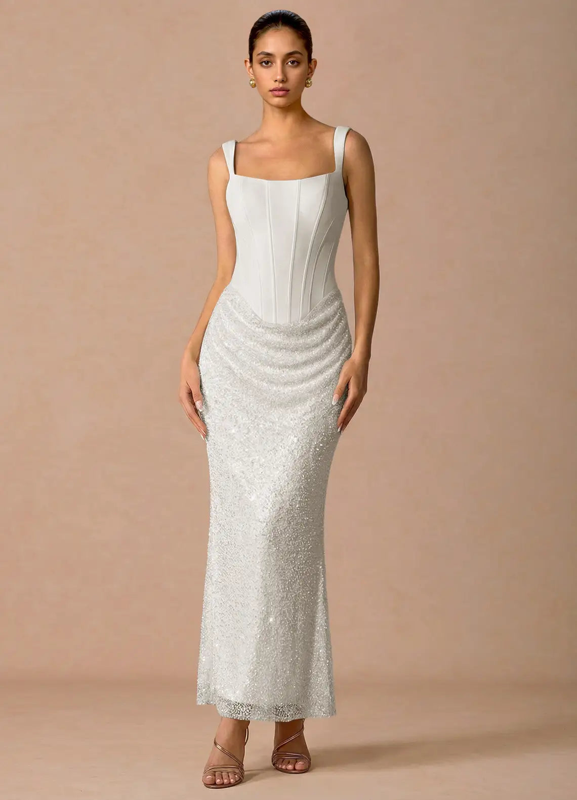 White Square Neck Lace-Up Back Draped Midi Wedding Dress - Yihuiw by Yihuiw