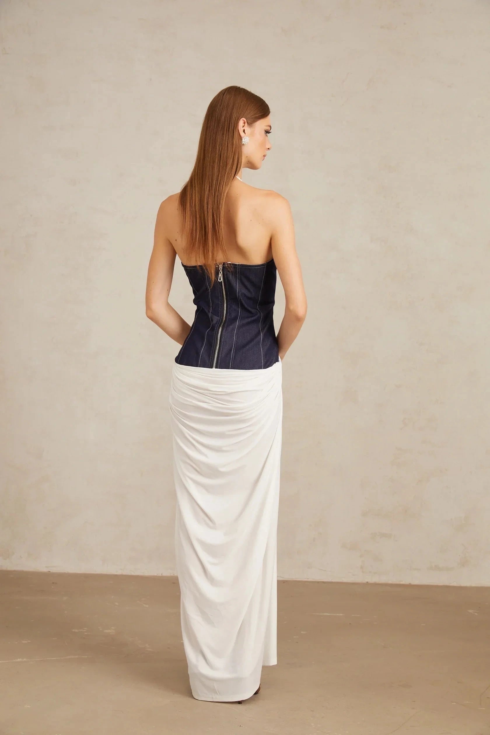 White and Navy Blue Halter Neck Maxi Dress with Side Slit Airi White Halterneck Denim Panel Maxi Dress Evening Dress by YiHuiw