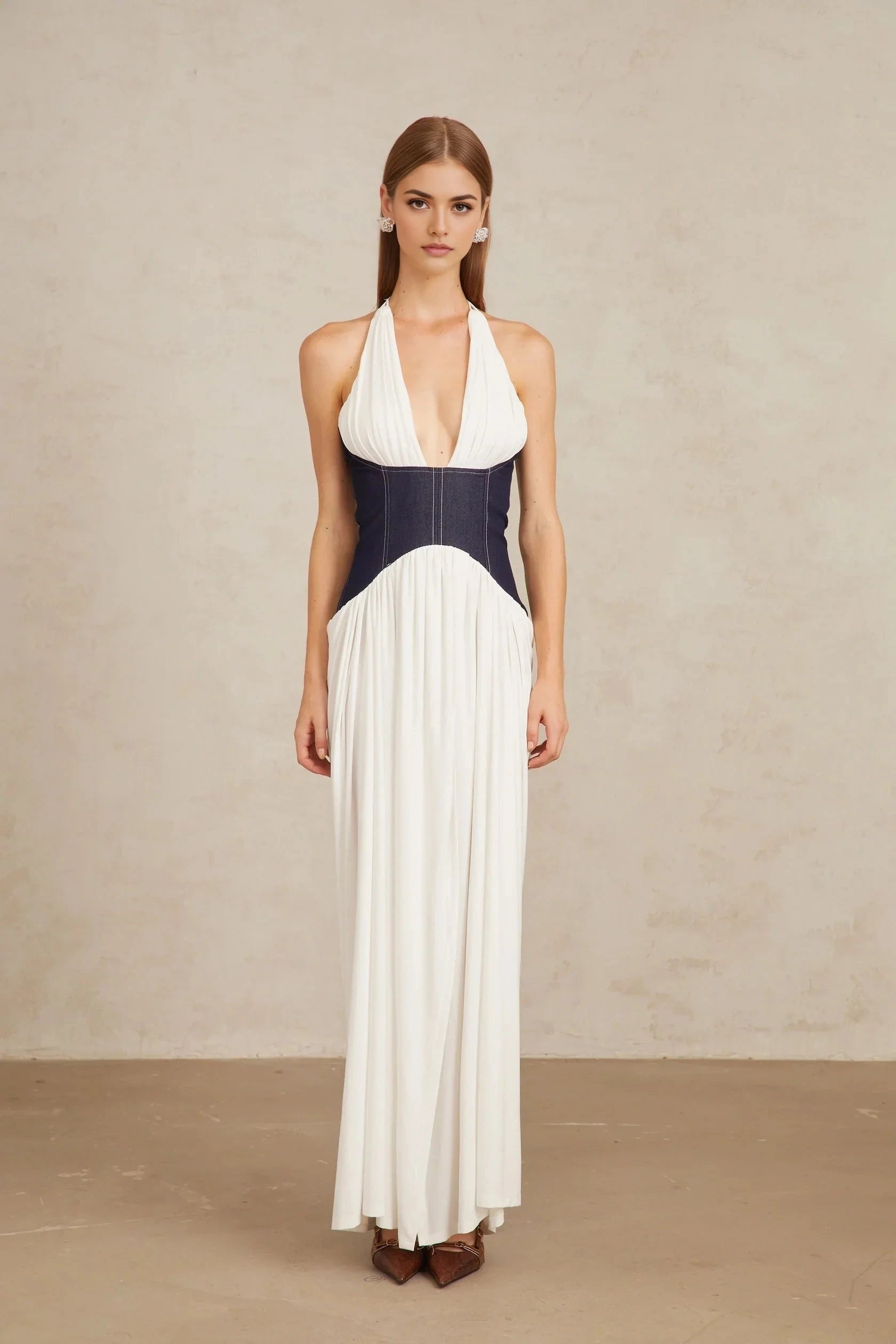White and Navy Blue Halter Neck Maxi Dress with Side Slit Airi White Halterneck Denim Panel Maxi Dress Evening Dress by YiHuiw