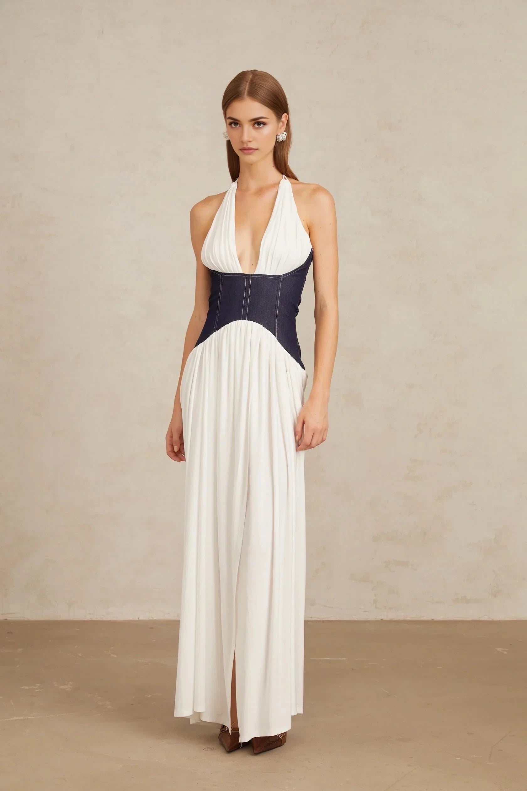 White and Navy Blue Halter Neck Maxi Dress with Side Slit Airi White Halterneck Denim Panel Maxi Dress Evening Dress by YiHuiw