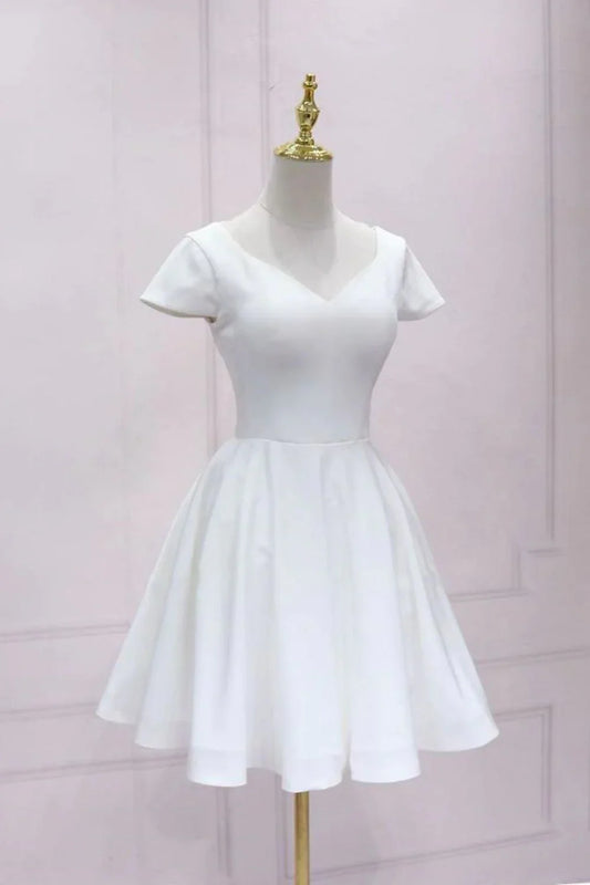 White A-Line Homecoming Dress with Short Sleeves and Open Back – Elegant Fit and Flare Cocktail Mini Dress