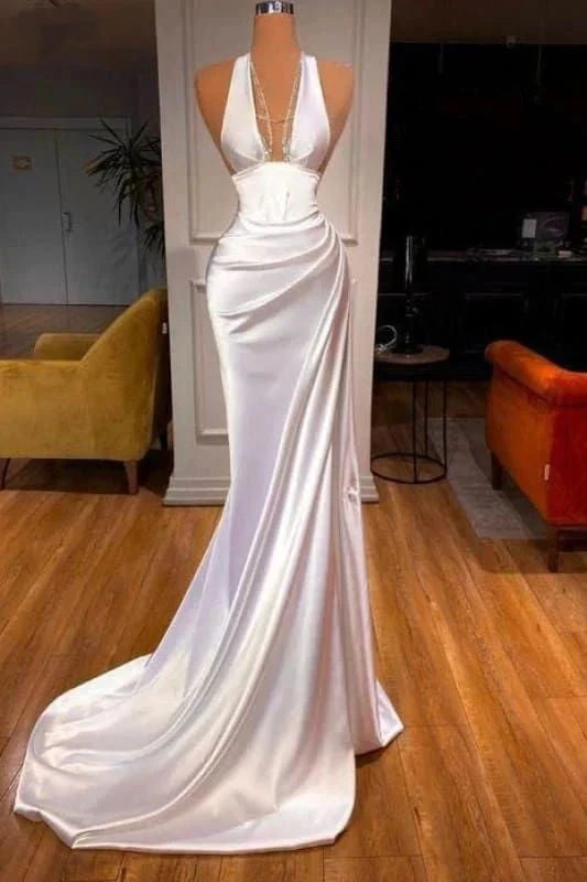 White Elegant Long Satin Ball Gown Evening Dress Party Dress simple gentle atmospheric and unique desi Bring summer colors to enhance whiteness by YiHuiw