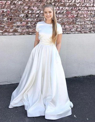 White Short Sleeve Satin Ball Gown with Pockets Simple white satin prom dress evening gown, short sleeve prom dress Party Dresses by YiHuiw