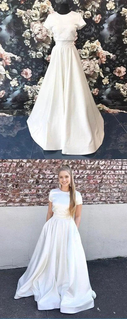 White Short Sleeve Satin Ball Gown with Pockets Simple white satin prom dress evening gown, short sleeve prom dress Party Dresses by YiHuiw