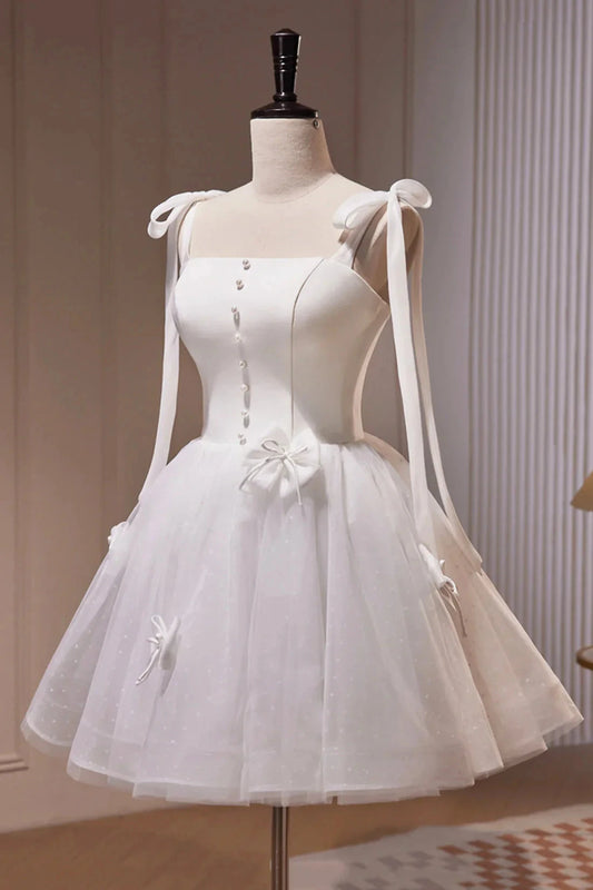 White Spaghetti Strap Short Prom Dress White Tulle Party Dress simple gentle atmospheric and unique desi Bring summer colors to enhance white by YiHuiw