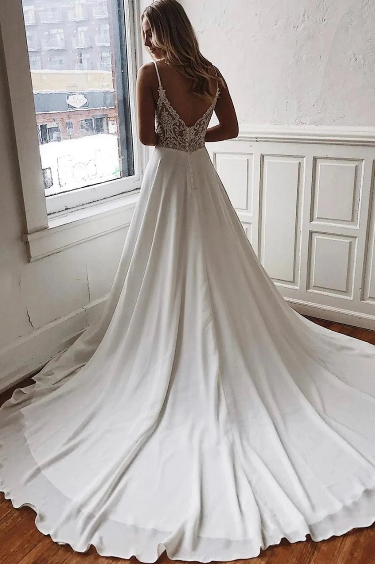 White V-Neck Lace Long Prom Dress Spaghetti Strap A-Line Evening Dress simple gentle atmospheric and unique desi Bring summer colors to enhance whitenes by YiHuiw