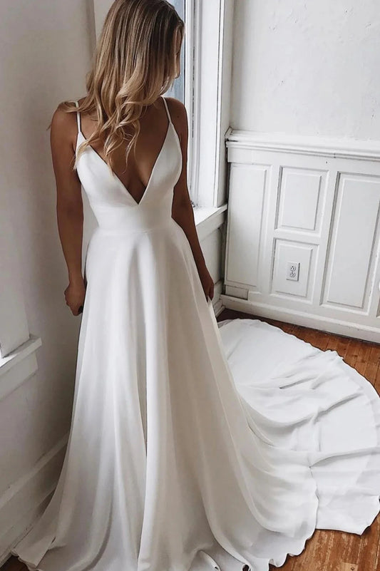 White V-Neck Lace Long Prom Dress Spaghetti Strap A-Line Evening Dress simple gentle atmospheric and unique desi Bring summer colors to enhance whitenes by YiHuiw