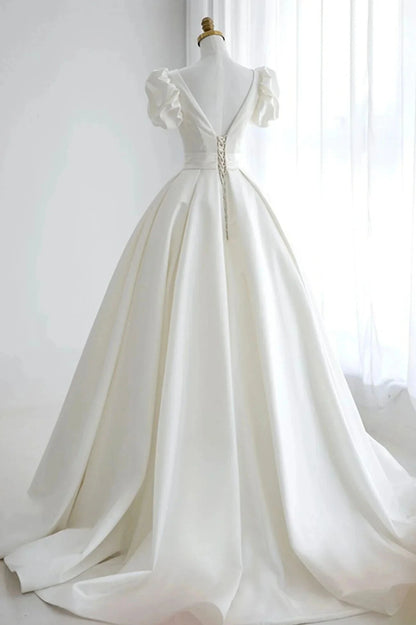 White V-Neck Satin Long Prom Dress A-Line Short Sleeve Formal Dress simple gentle atmospheric and unique desi Bring summer colors to enhance whitenes by YiHuiw