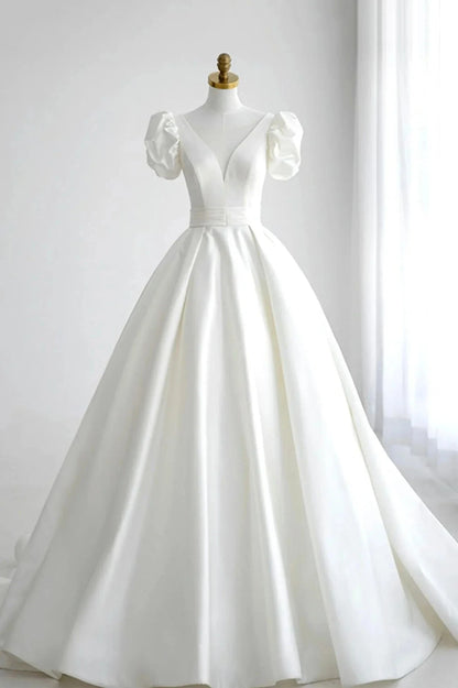 White V-Neck Satin Long Prom Dress A-Line Short Sleeve Formal Dress simple gentle atmospheric and unique desi Bring summer colors to enhance whitenes by YiHuiw