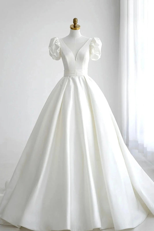 White V-Neck Satin Long Prom Dress A-Line Short Sleeve Formal Dress simple gentle atmospheric and unique desi Bring summer colors to enhance whitenes by YiHuiw