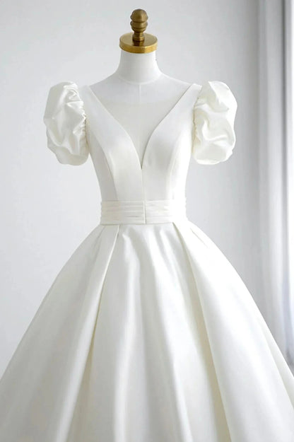 White V-Neck Satin Long Prom Dress A-Line Short Sleeve Formal Dress simple gentle atmospheric and unique desi Bring summer colors to enhance whitenes by YiHuiw