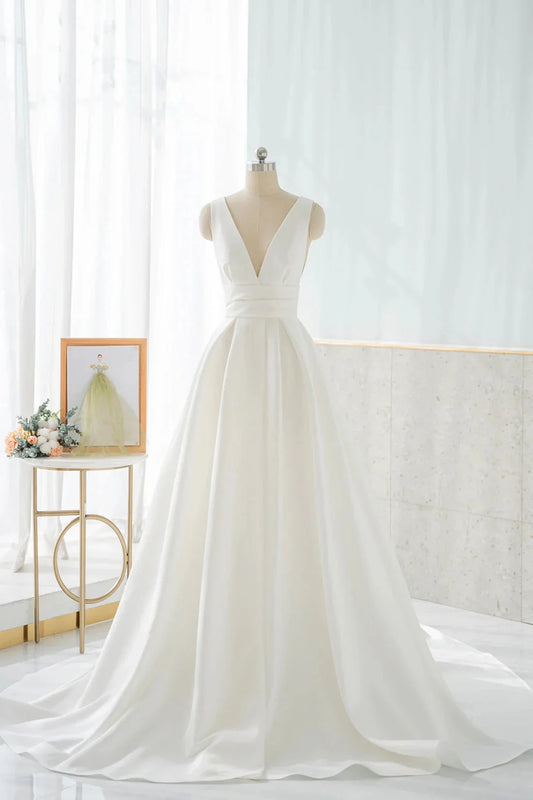 White V-Neck Satin Long Prom Dress Simple A-Line Formal Dress simple gentle atmospheric and unique desi Bring summer colors to enhance white by YiHuiw
