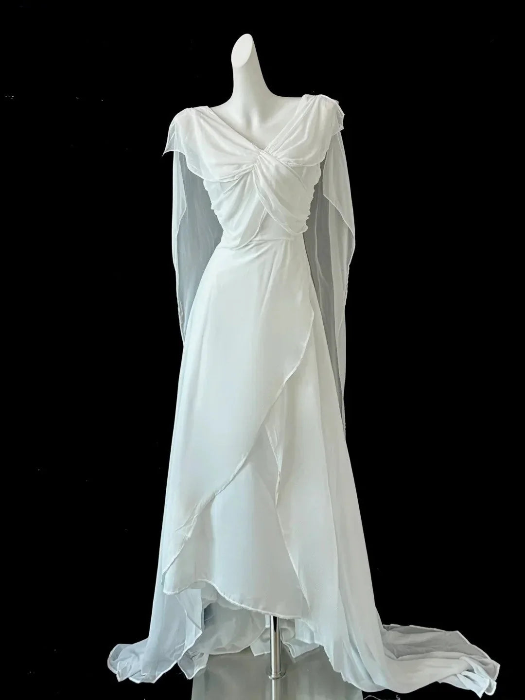 White flowing chiffon long dress, folded and layered with drooping sleeves, wedding/dinner divine by YiHuiw