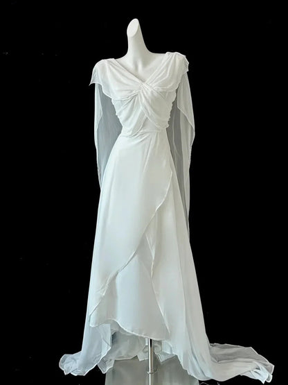 White flowing chiffon long dress, folded and layered with drooping sleeves, wedding/dinner divine by YiHuiw
