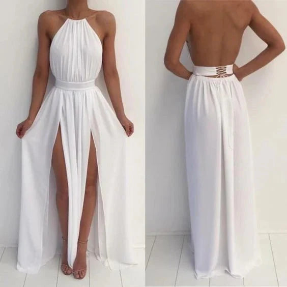 White hanging neck jumpsuit with high waist design, paired with double-sided high slit skirt, sleeveless high neck, by YiHuiw