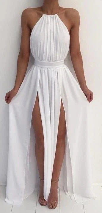 White neck hanging long dress with neck hanging design and waist cinching design suitable for dinners and weddings by YiHuiw