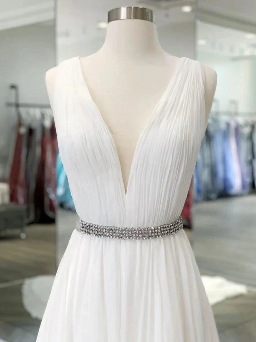 White v neck chiffon long prom dress white lace evening dress simple gentle atmospheric and unique desi Bring summer colors to enhance whitenes by YiHuiw