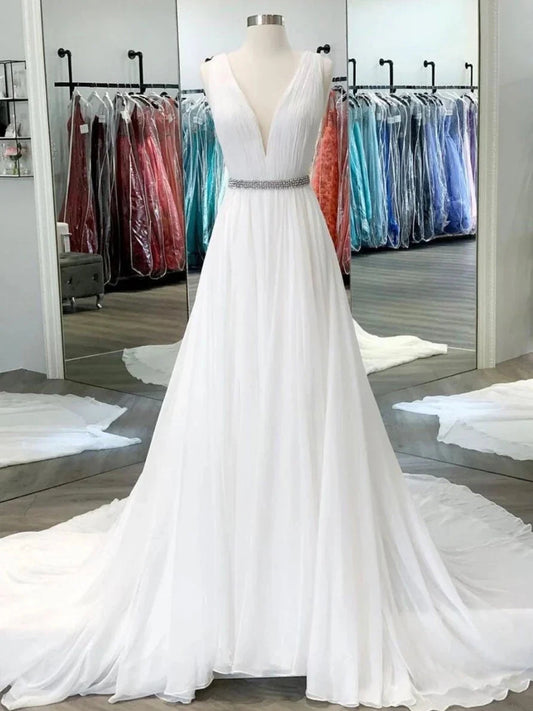 White v neck chiffon long prom dress white lace evening dress simple gentle atmospheric and unique desi Bring summer colors to enhance whitenes by YiHuiw