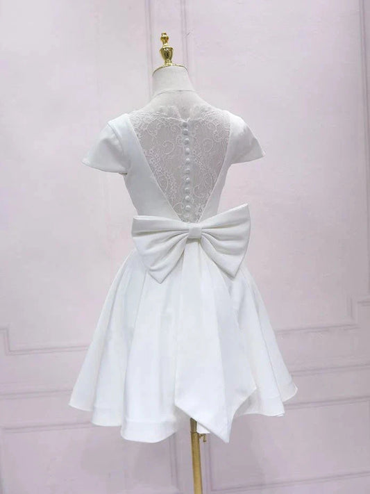 White v neck satin lace short prom dress, white homecomingWhite v neck satin lace short prom dress, white homecoming dress simple gentle atmospheric and unique desi Bring summer colors to enhance whitenes by YiHuiw