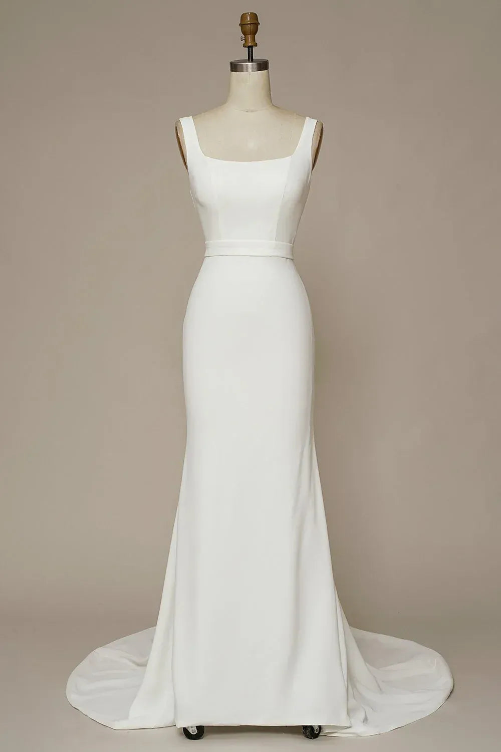 Mermaid Square Neck Crepe Button Back Train Wedding Dress - Yihuiw by Yihuiw