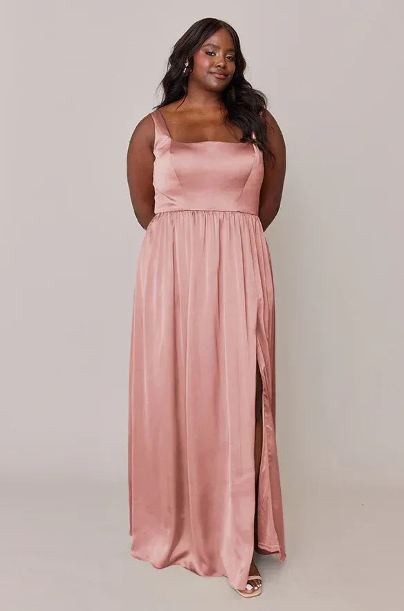 A-Line Square Neck Satin High Slit Wedding Dress - Yihuiw by Yihuiw