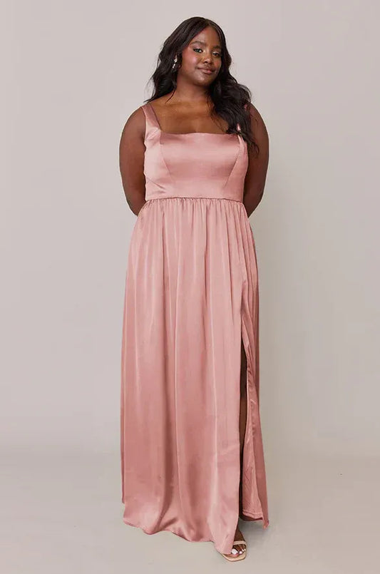 A-Line Square Neck Satin High Slit Wedding Dress - Yihuiw by Yihuiw