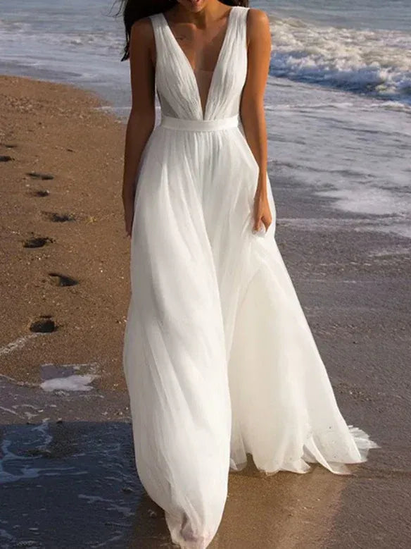 A-Line Tulle Open Back Ruched Wedding Dress - Yihuiw by Yihuiw