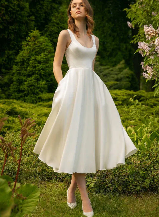 A-Line Satin Midi Wedding Dress - Yihuiw by Yihuiw