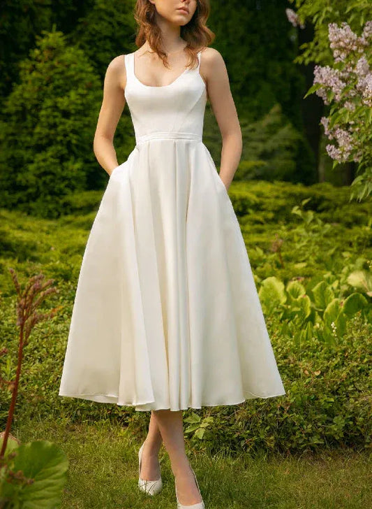 A-Line Satin Midi Wedding Dress - Yihuiw by Yihuiw