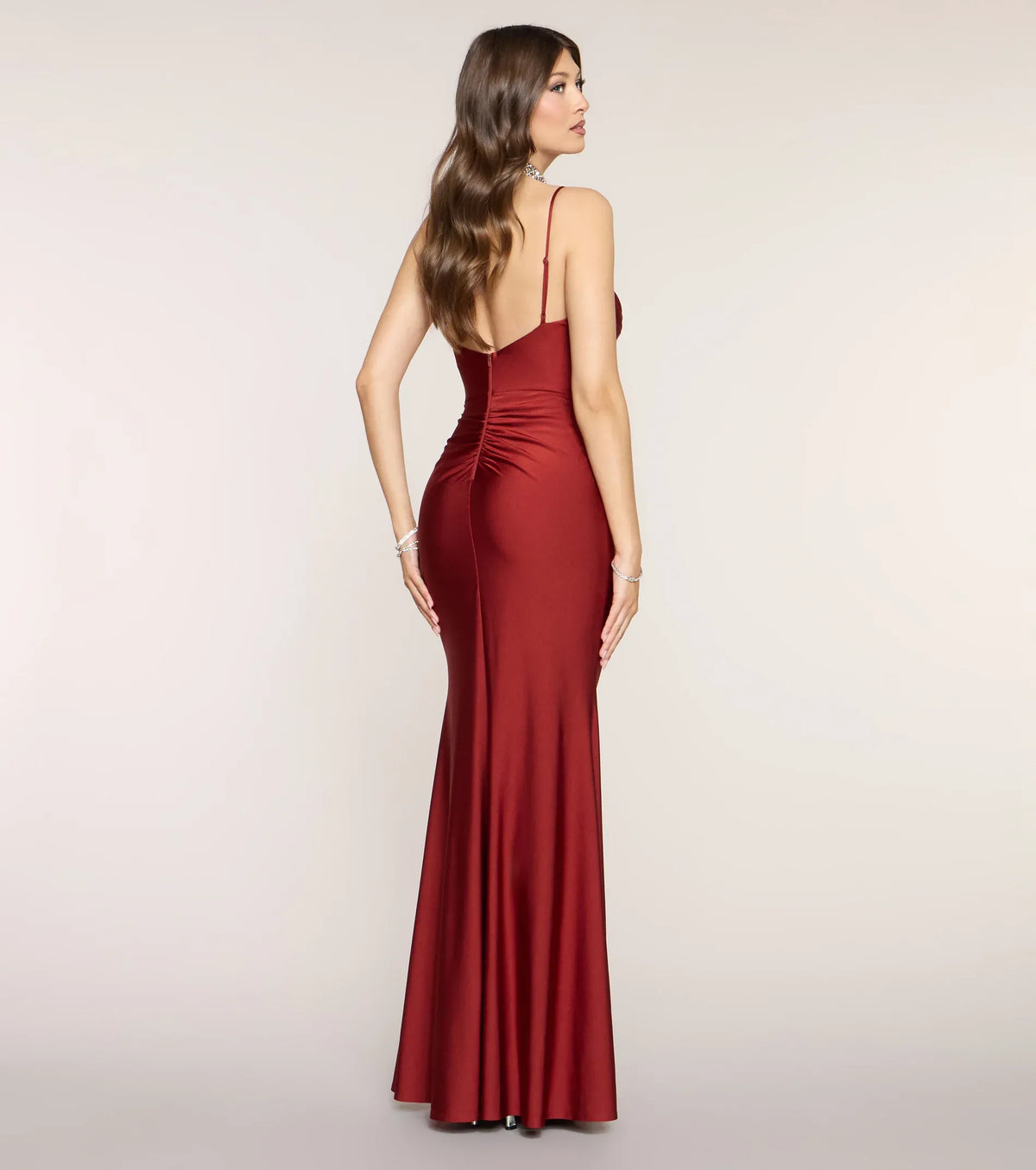 Wine Mermaid V-Neck Satin High Slit Floor-Length Wedding Dress - Yihuiw by Yihuiw