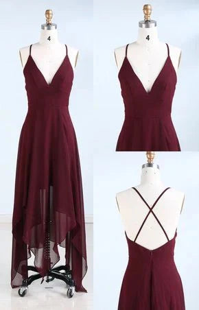 Wine red camisole long dress with deep V-neckline and thin camisole, irregular skirt with short front and long back, suitable for dinners, weddings, etc by YiHuiw