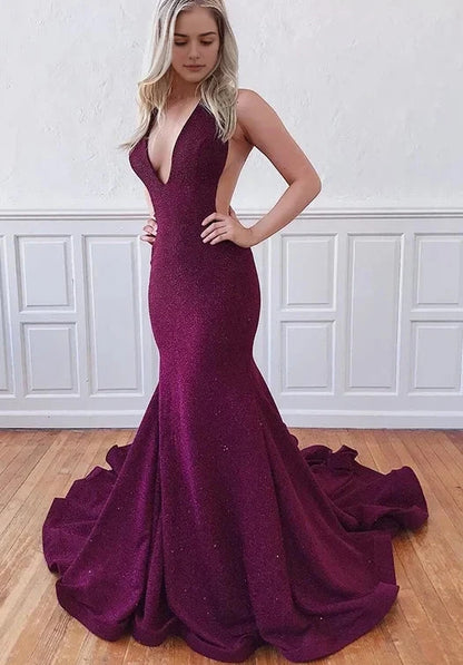 Wine red deep V backless fish tail deep V neckline dress with shiny sequins on the body by YiHuiw